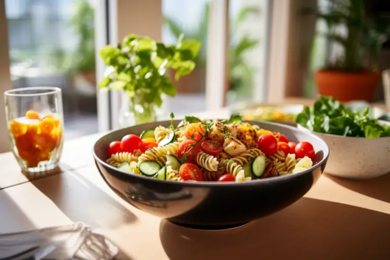 Pasta salad served in a bowl with traditional sides like olives.