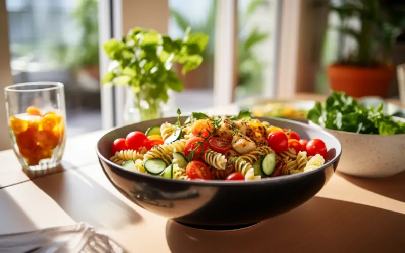 Pasta salad served in a bowl with traditional sides like olives.