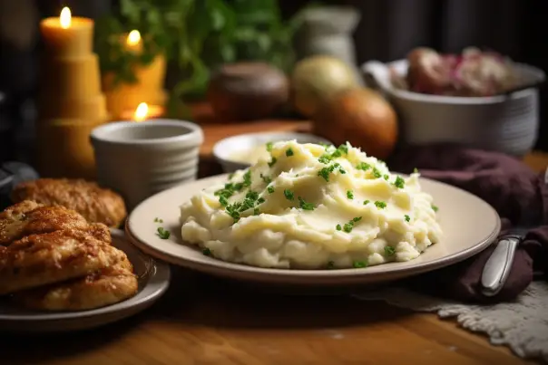 Mashed potatoes plate served with traditional sides like gravy.
