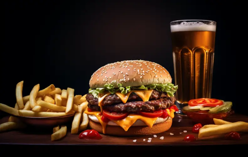 Fantastic juicy burger served with a side of fries and a cold beverage.