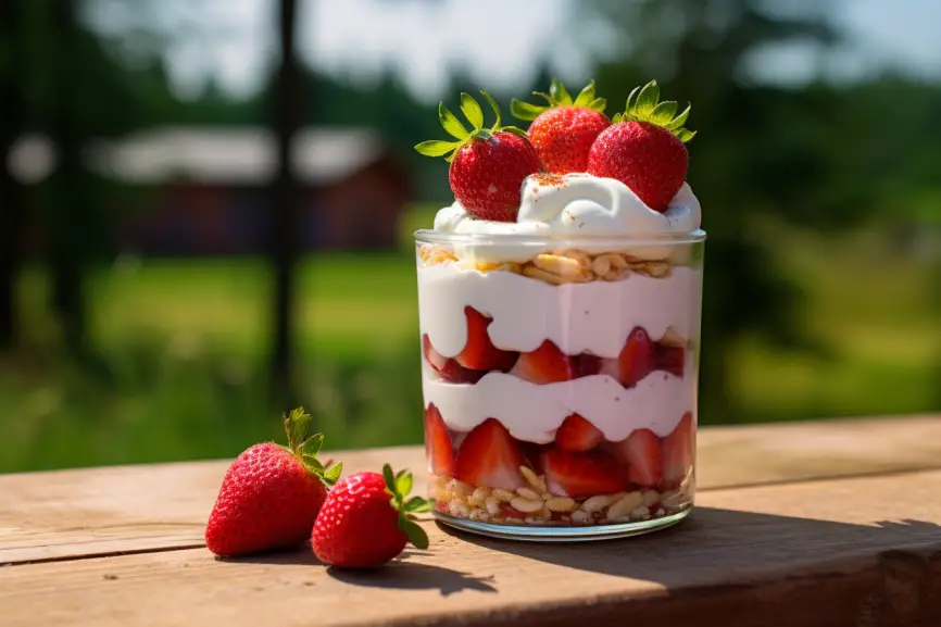 Scrumptious strawberry parfait beautifully presented in an outdoor setting.