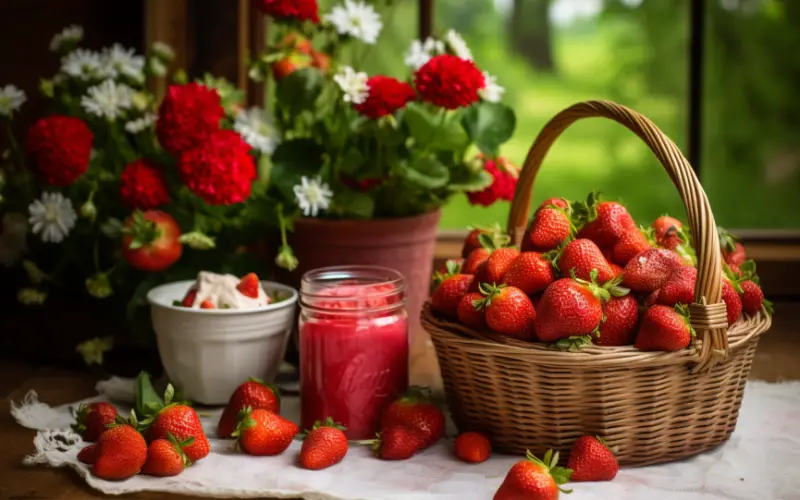 A basket of strawberries on a white table cloth.