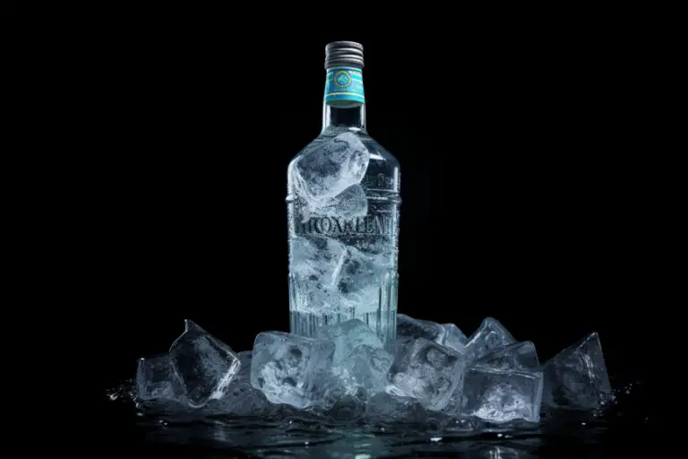 Repeat image of a frozen bottle of vodka with no branding, influencer edition.