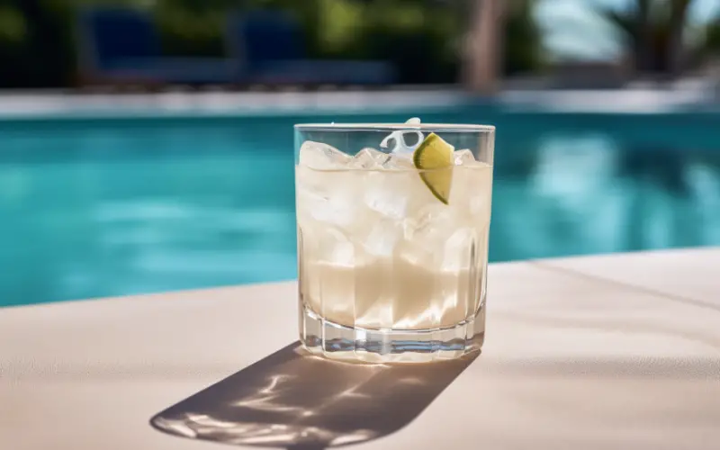 White Russian vodka cocktail by the pool, influencer edition.