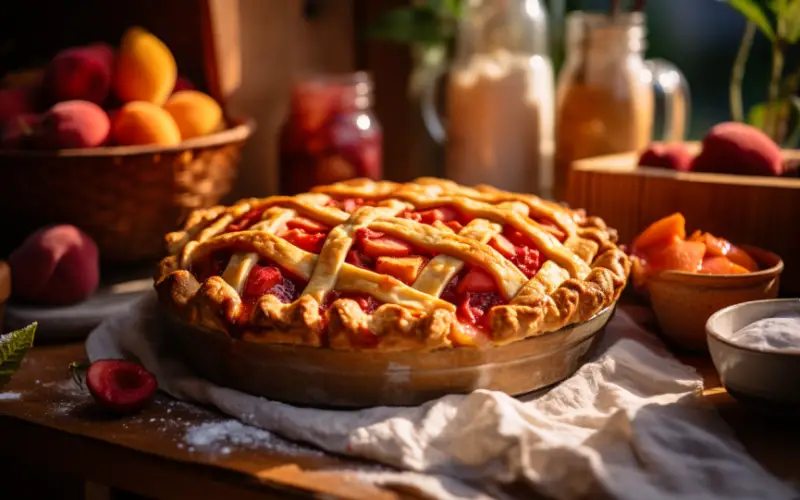 Rustic strawberry peach pie beautifully presented alongside traditional side dishes.