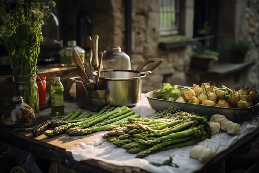 An array of foods that can be ideally paired with asparagus cream sauce.