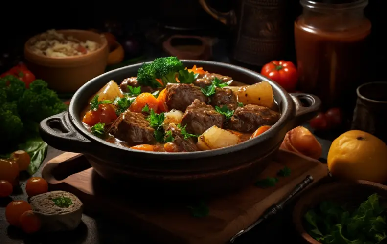 Warm and rustic bowl of beef stew served with traditional sides.
