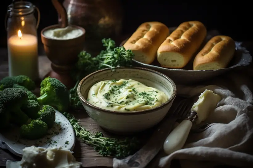 Up-close view of creamy broccoli cheese soup.