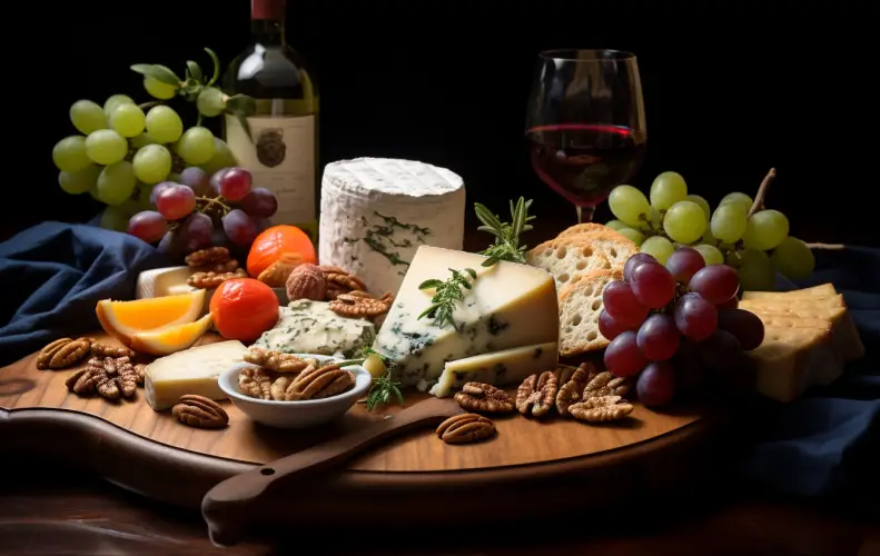 Assortment of goat cheeses displayed on a tray with wine.