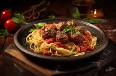 Ultra realistic image of a rustic plate of pasta and meatballs with garnish.