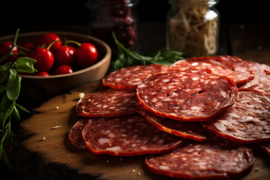 Close-up view of thinly sliced pepperoni.