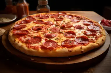 Ultra realistic image of a pepperoni pizza captured with an 85mm lens.