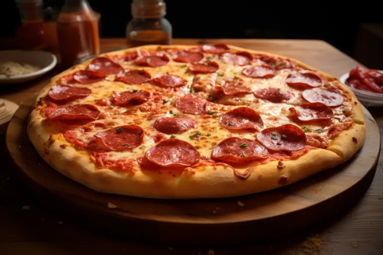 Ultra realistic image of a pepperoni pizza captured with an 85mm lens.