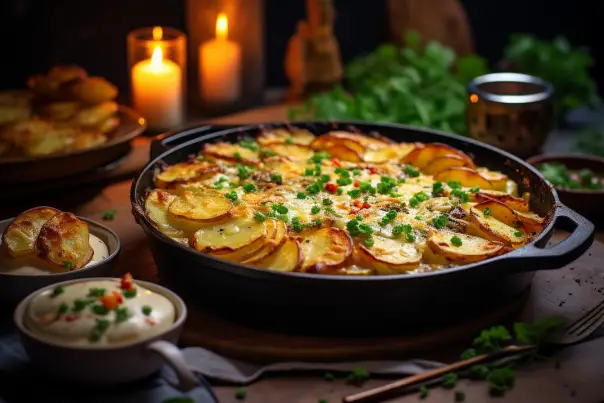 Potato bake served with traditional sides like sour cream.