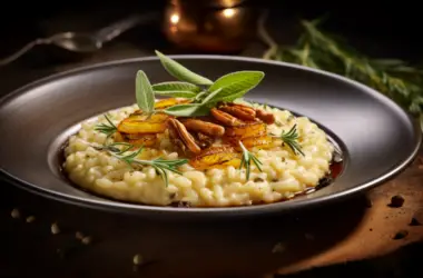 Ultra realistic image of a rustic plate of creamy risotto, garnished with herbs.