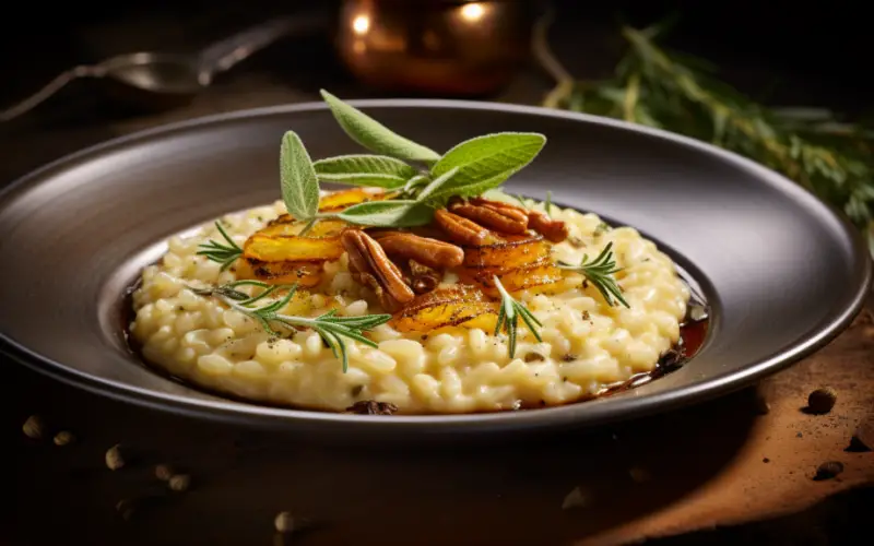 Ultra realistic image of a rustic plate of creamy risotto, garnished with herbs.