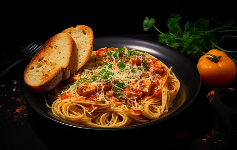 Warm bowl of spaghetti served with a side of garlic bread.