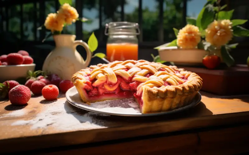 Rustic strawberry peach pie beautifully presented alongside traditional side dishes.