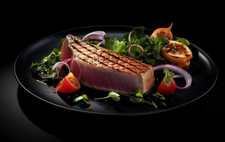 Ultra realistic image of a tuna steak served with traditional sides.