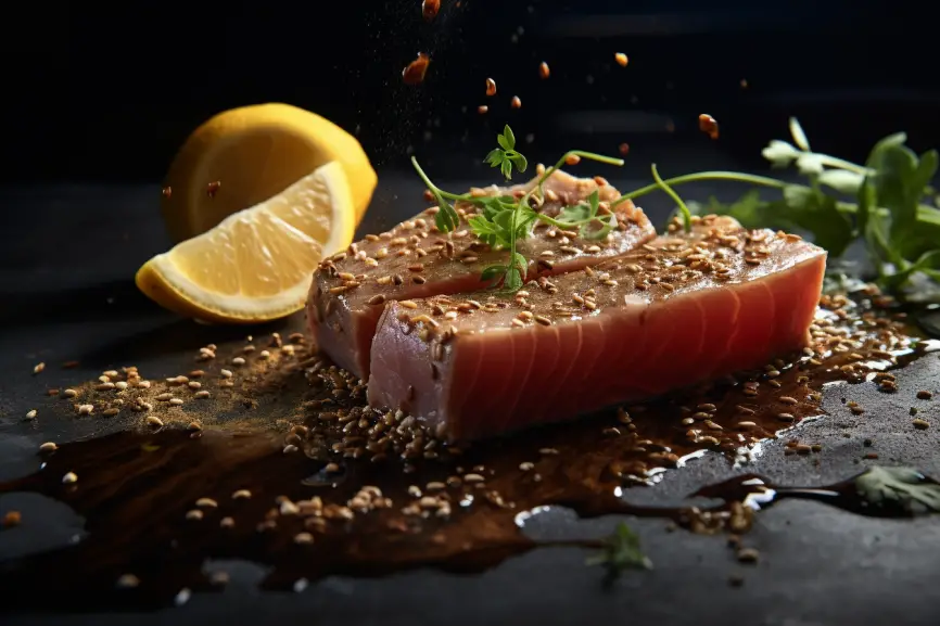 Ultra realistic image of tuna steaks with a side of lemon and herbs.