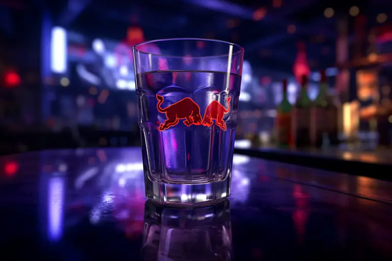 Vodka Redbull in a glass, placed on a bar counter.