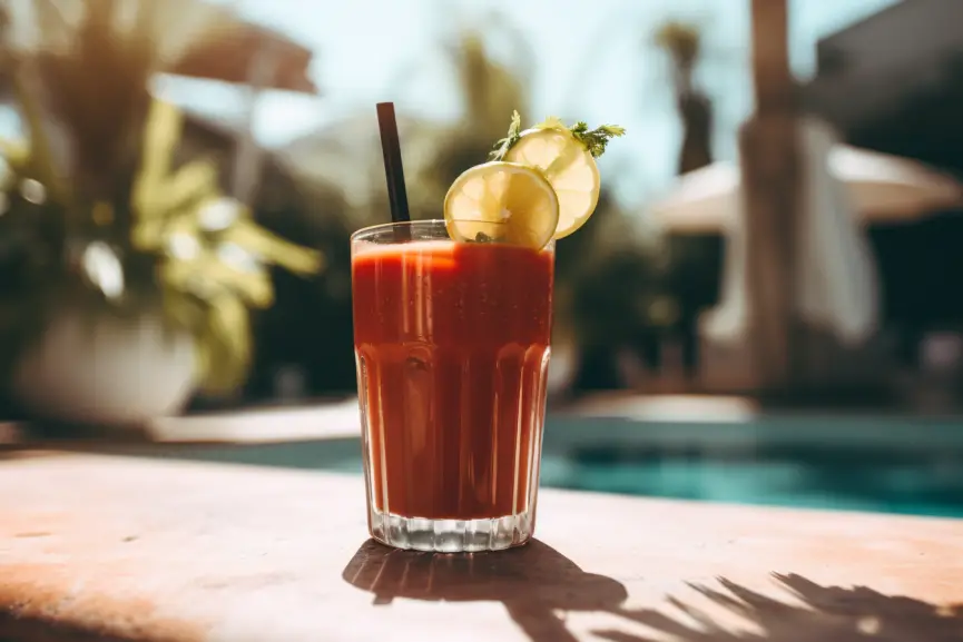 Bloody Mary cocktail beside a pool, influencer edition two.
