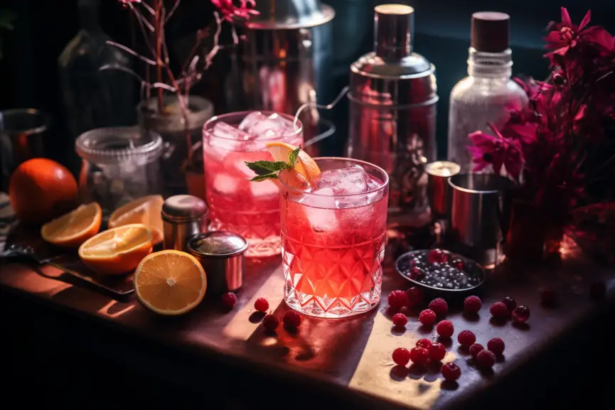 Collection of components for a vodka cocktail including mixers and garnishes.