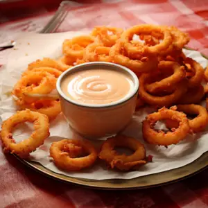 inflationism onion rings around a bowl of sauce abc cbf e aaa fecaee